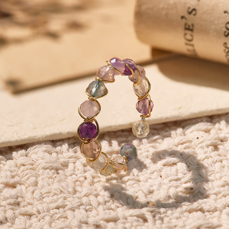 FuAttract Inner Peace & Blessing Gold Wire Wrapped Round Labradorite Bead Ring - Faceted Rainbow Fluorite - image 16