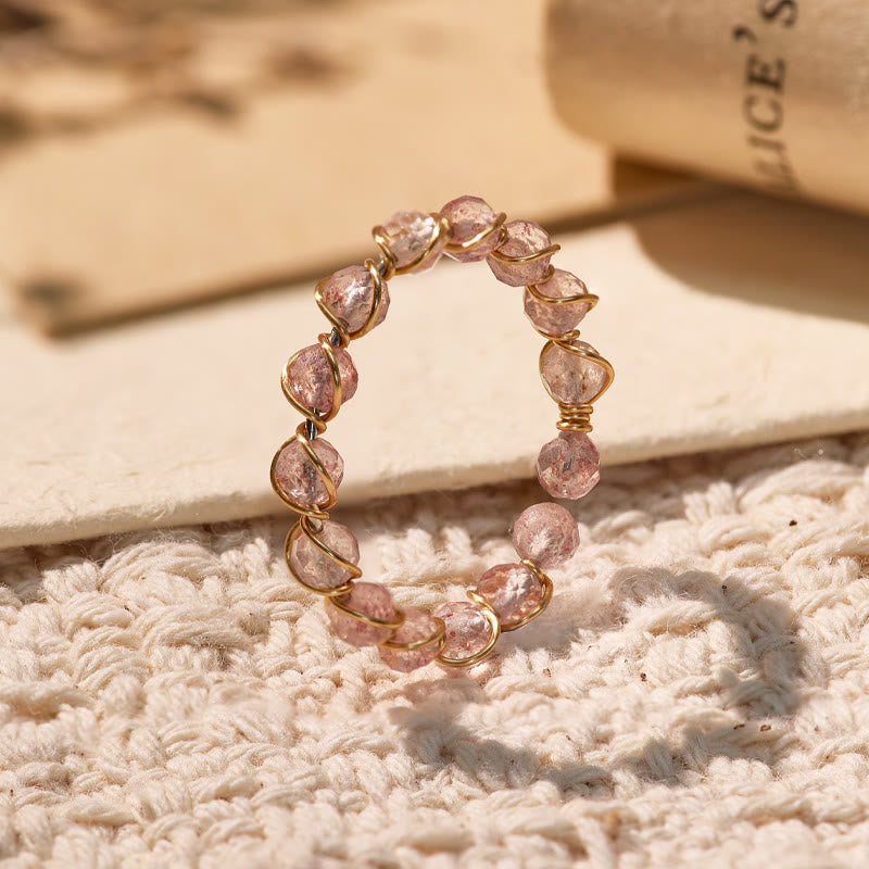 FuAttract Inner Peace & Blessing Gold Wire Wrapped Round Labradorite Bead Ring - Faceted Strawberry Quartz - image 18