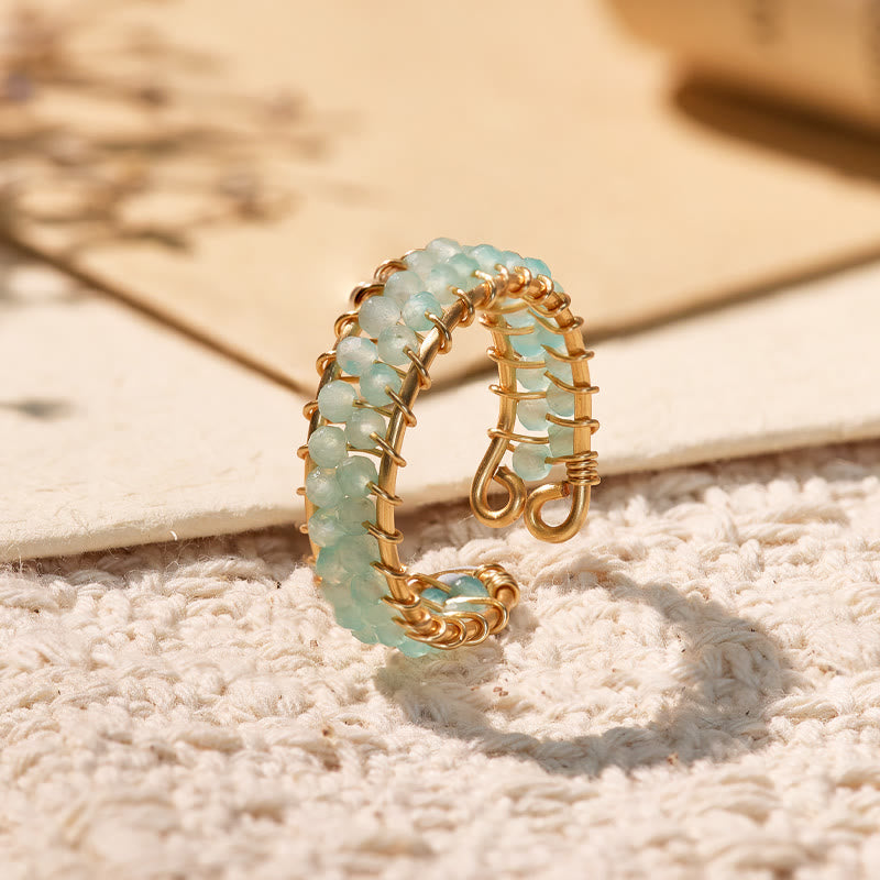 FuAttract Inner Peace & Blessing Gold Wire Wrapped Round Labradorite Bead Ring - Double Row Amazonite - image 25