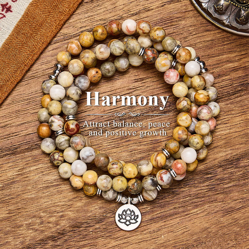 FuAttract Harmony & Good Fortune 108 Bamboo Leaf Agate Silver Lotus Pendant Mala Beads Bracelet Necklace - 8mm - image 0