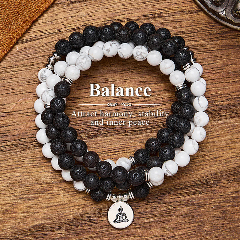 FuAttract Protection & Harmony 108 Lava Stone White Turquoise Silver Buddha Pendant Mala Beads Bracelet Necklace - 8mm - image 0