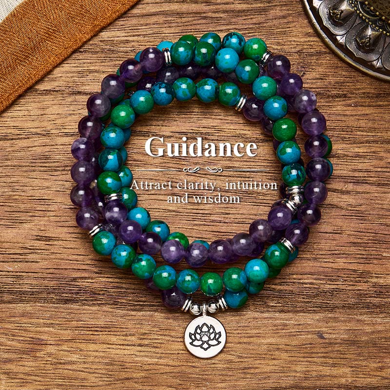 FuAttract Wisdom & Protection 108 Amethyst Chrysocolla Mala Beads Bracelet Necklace With Silver Lotus Pendant - 8mm - image 0