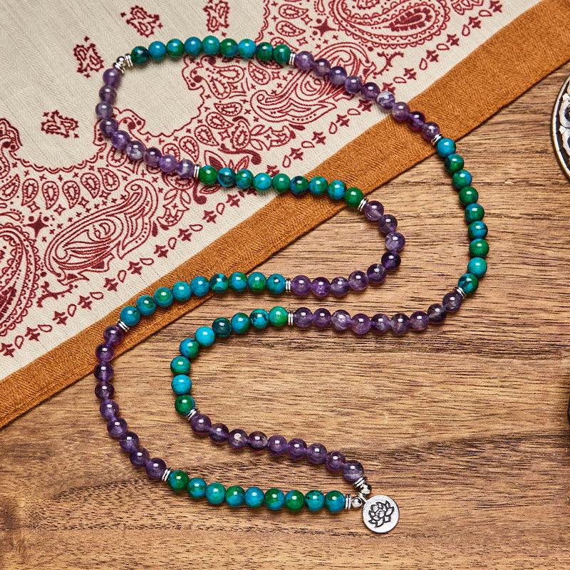 FuAttract Wisdom & Protection 108 Amethyst Chrysocolla Mala Beads Bracelet Necklace With Silver Lotus Pendant - image 1
