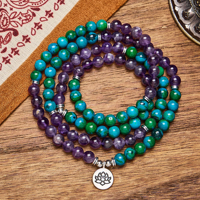 FuAttract Wisdom & Protection 108 Amethyst Chrysocolla Mala Beads Bracelet Necklace With Silver Lotus Pendant - image 2