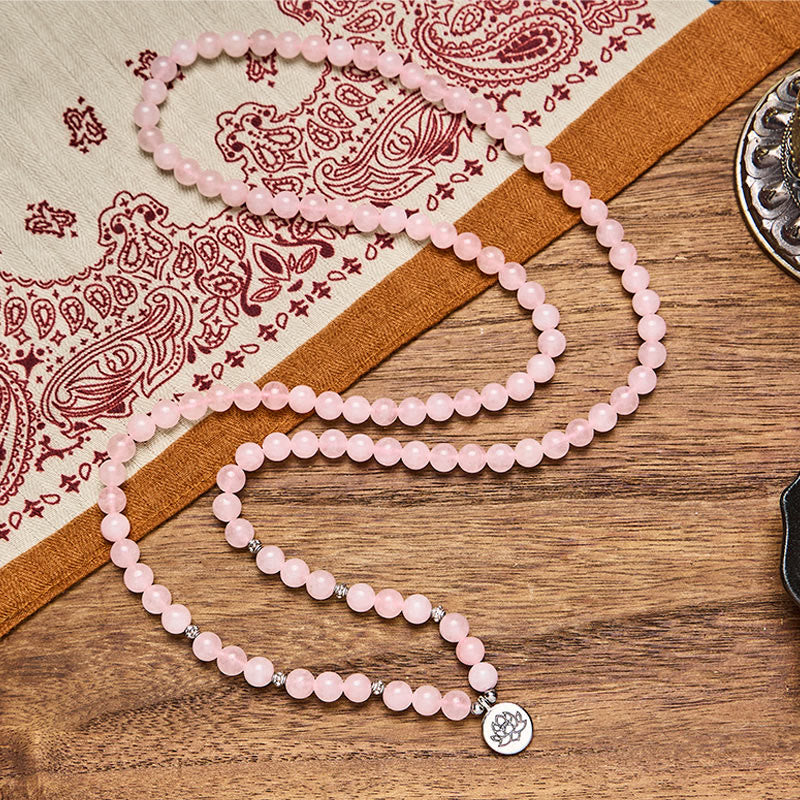 FuAttract Love & Harmony 108 Rose Quartz  Silver Lotus Pendant Mala Beads Bracelet Necklace - image 1