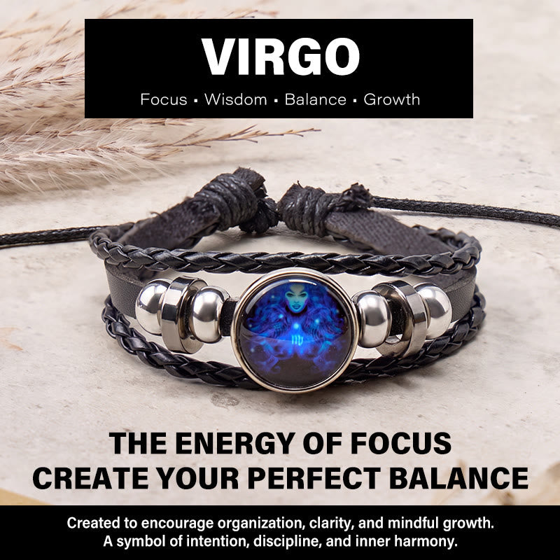 FuAttract Purity & Healing Energy Virgo Zodiac Blue Glaze Charm Vintage Leather Bracelet - Virgo - image 0