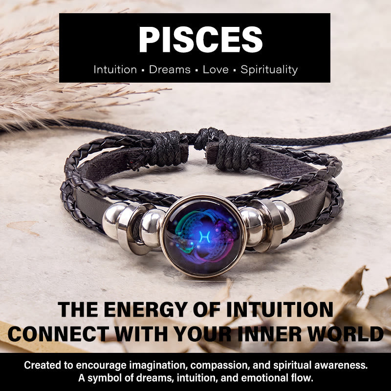 FuAttract Intuition Harmony & Serenity Pisces Zodiac Blue Glaze Charm Vintage Leather Bracelet - Pisces - image 0