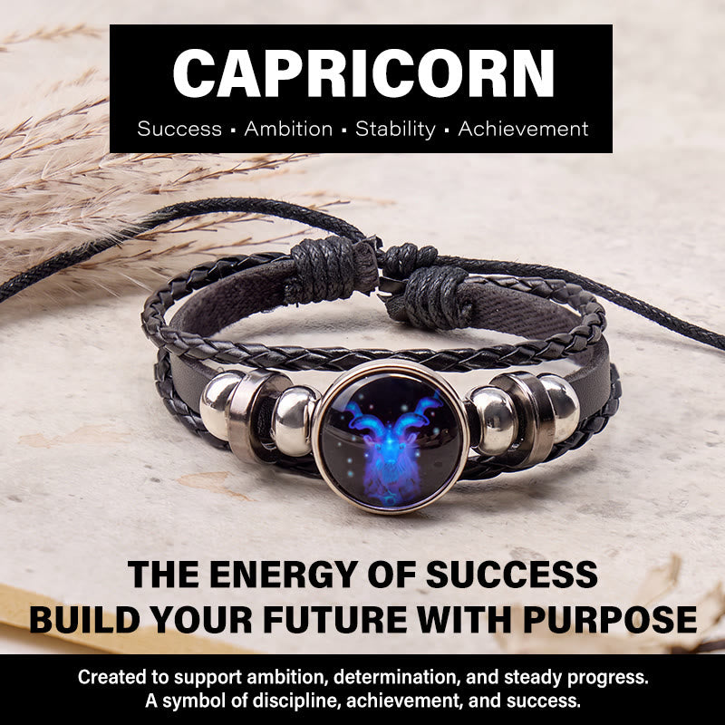 FuAttract Success Stability & Ambition Energy Capricorn Zodiac Blue Glaze Charm Vintage Leather Bracelet - Capricorn - image 0