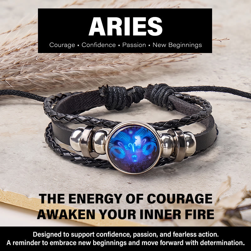FuAttract Courage Freedom & Positive Energy Aries Zodiac Blue Glazed Charm Vintage Leather Bracelet - Aries - image 0