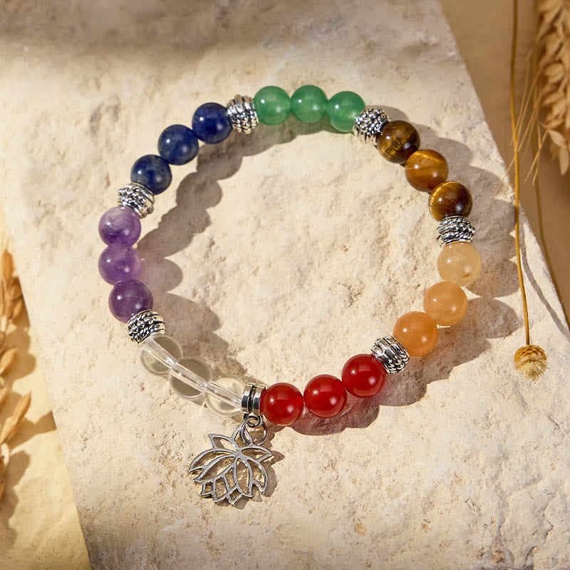 FuAttract Harmony Prosperity & Positive Energy Seven Chakra Crystal Bracelet With Lotus Pendant - 8mm - image 0