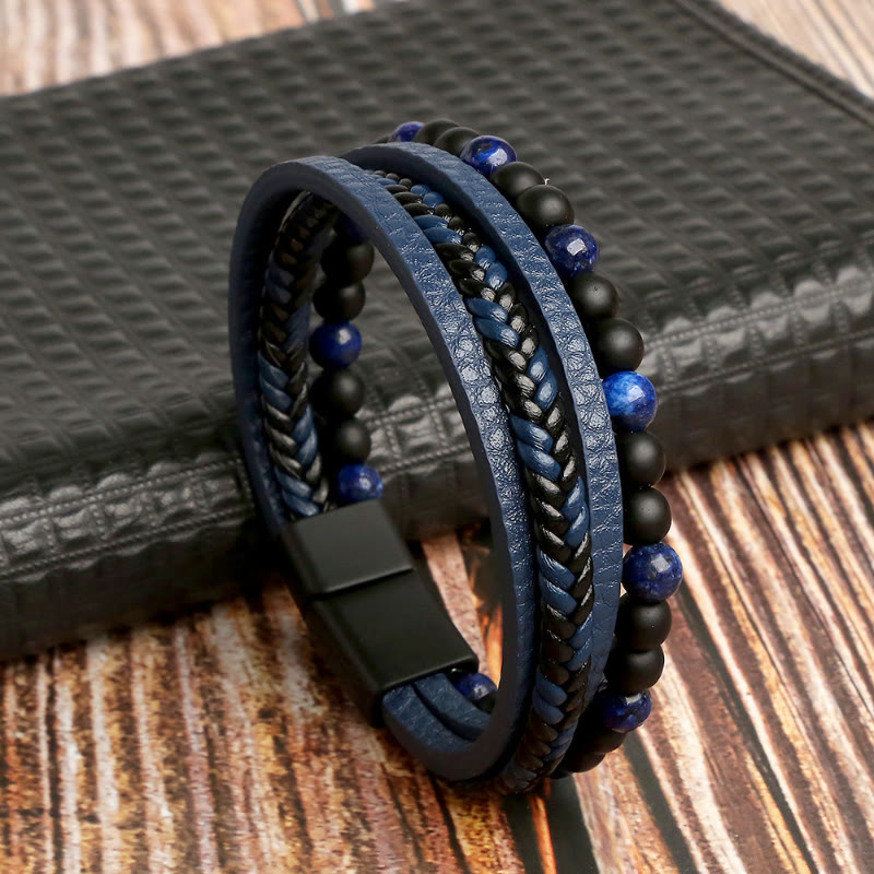 FuAttract Protection Clarity & Wisdom Lapis Lazuli Black Obsidian Braided Leather Bracelet - Blue - 23cm - image 0