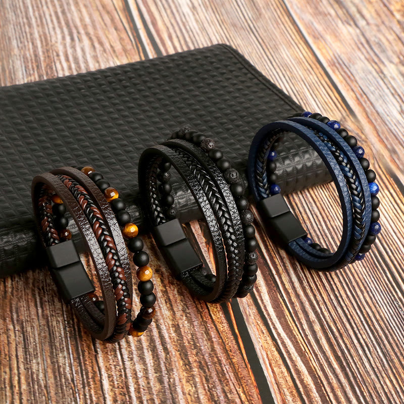FuAttract Protection Clarity & Wisdom Lapis Lazuli Black Obsidian Braided Leather Bracelet - image 7