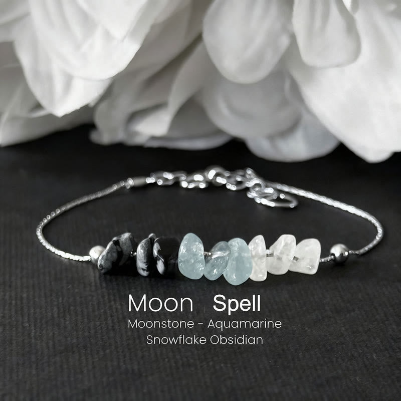 FuAttract Love Harmony & Emotional Balance Strawberry Quartz Lepidolite Moonstone Chips Alloy Bracelet - Silver-Snowflake Obsidian - image 2