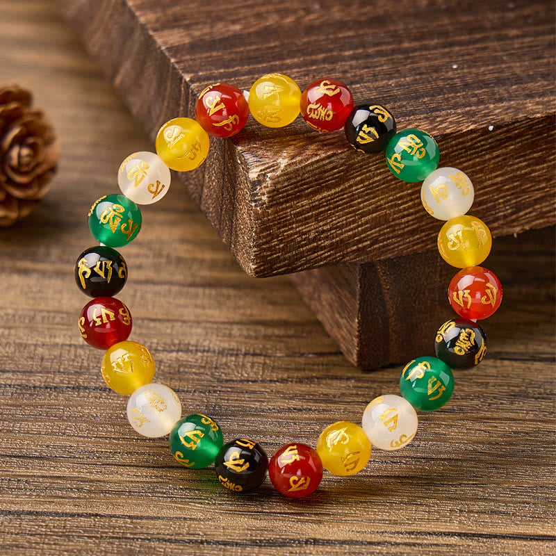 FuAttract Protection Blessing & Harmony Colorful Agate Om Mani Mantra Gold Foil Bracelet - Colorful Agate - 14mm - image 0