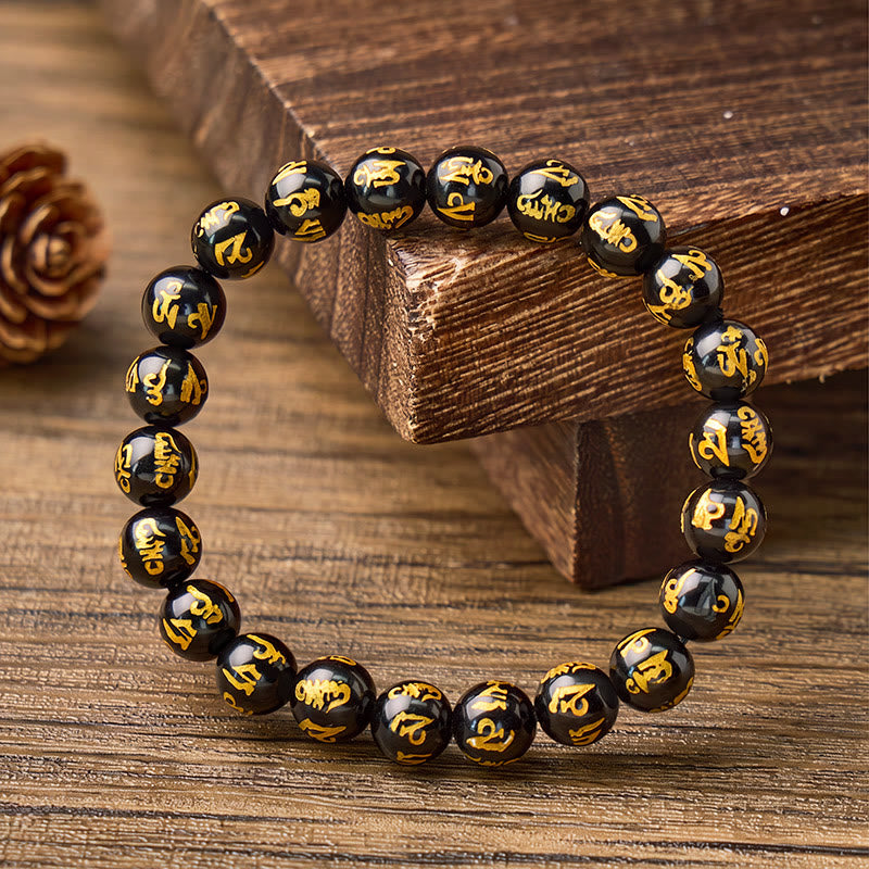 FuAttract Protection Blessing & Harmony Colorful Agate Om Mani Mantra Gold Foil Bracelet - Black Onyx - 14mm - image 13
