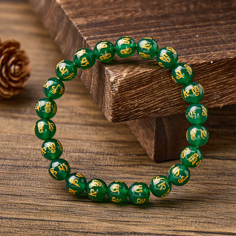 FuAttract Protection Blessing & Harmony Colorful Agate Om Mani Mantra Gold Foil Bracelet - Green Agate - 14mm - image 9