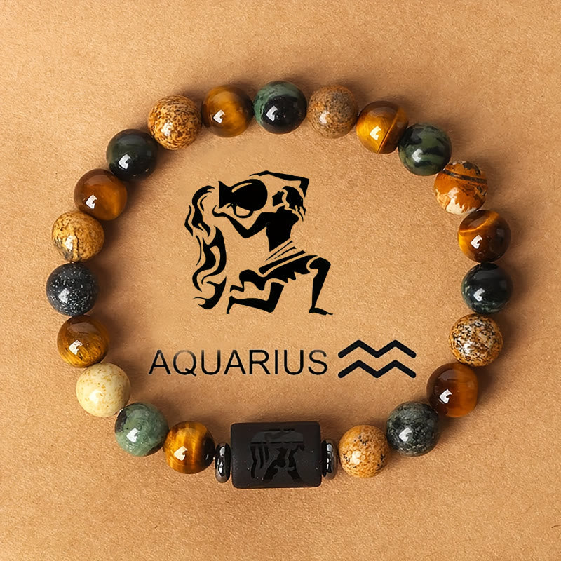 FREE Today: Confidence Balance & Personal Identity Tiger's Eye Picture Jasper Zodiac Signs Bracelet - Aquarius - image 0