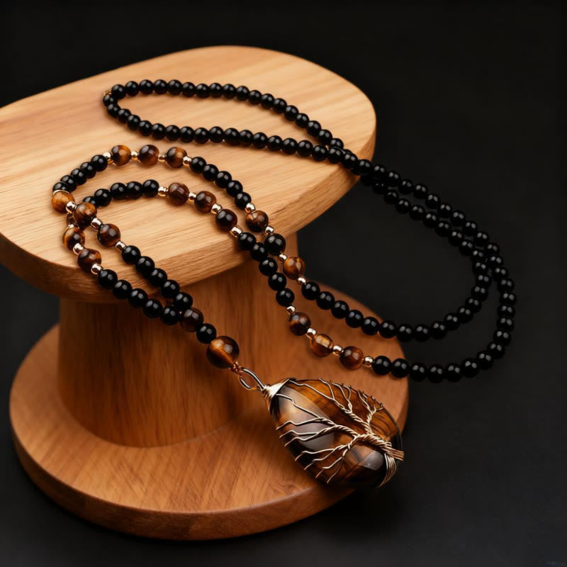 FuAttract Growth Protection & Guidance Tiger's Eye Tree of Life Teardrop Wire Wrapped Pendant Necklace - Tiger’s Eye - image 0