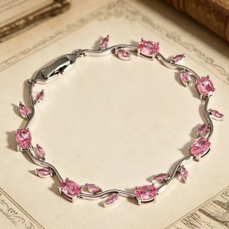 FuAttract Growth Elegance & Vitality Colorful Zircon Alloy Leaf Fashion Bracelet - Pink + Silver - image 0