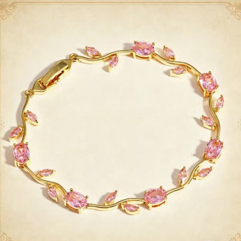 FuAttract Growth Elegance & Vitality Colorful Zircon Alloy Leaf Fashion Bracelet - Pink + Gold - image 3