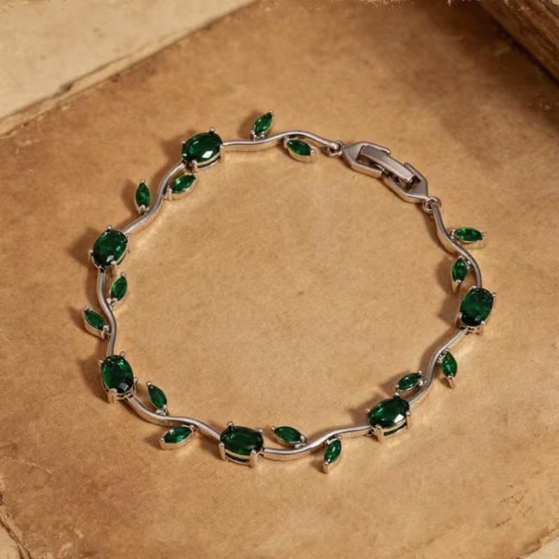 FuAttract Growth Elegance & Vitality Colorful Zircon Alloy Leaf Fashion Bracelet - Green + Silver - image 4