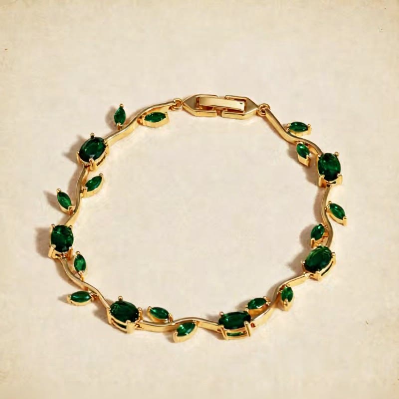 FuAttract Growth Elegance & Vitality Colorful Zircon Alloy Leaf Fashion Bracelet - Green + Gold - image 5