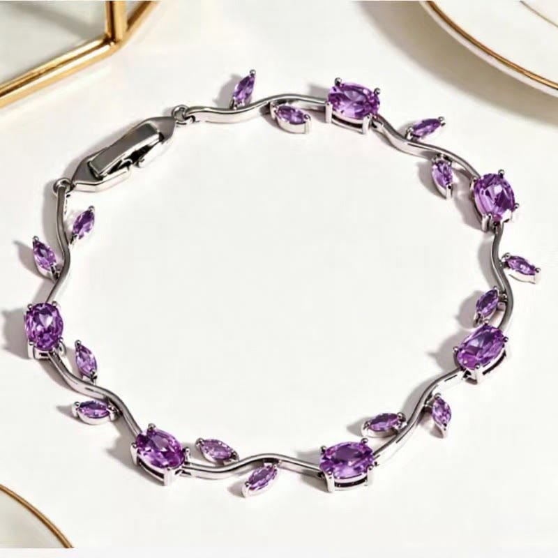 FuAttract Growth Elegance & Vitality Colorful Zircon Alloy Leaf Fashion Bracelet - Purple + Silver - image 14