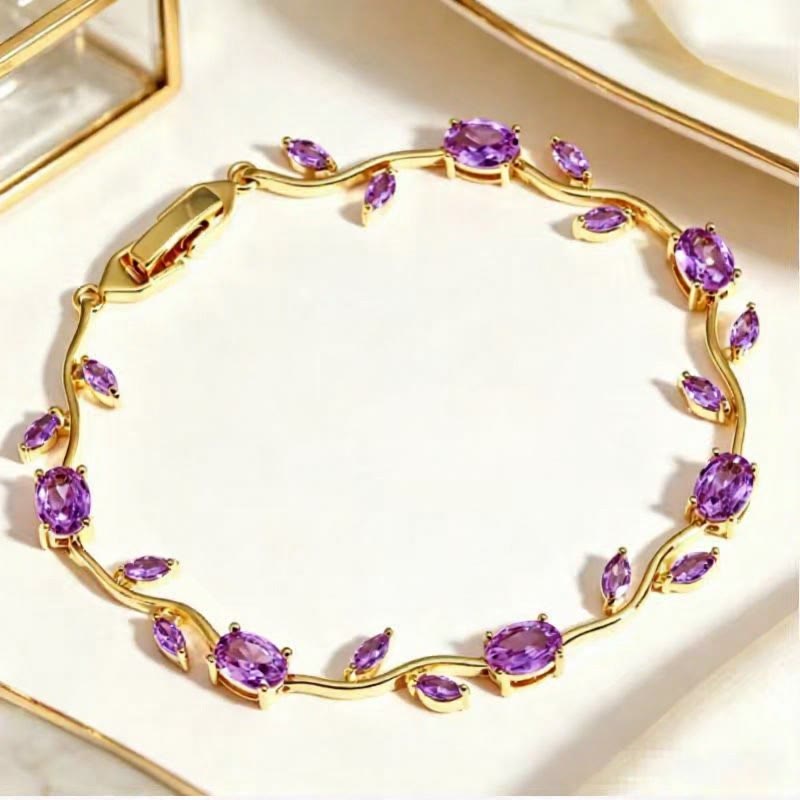 FuAttract Growth Elegance & Vitality Colorful Zircon Alloy Leaf Fashion Bracelet - Purple + Gold - image 15