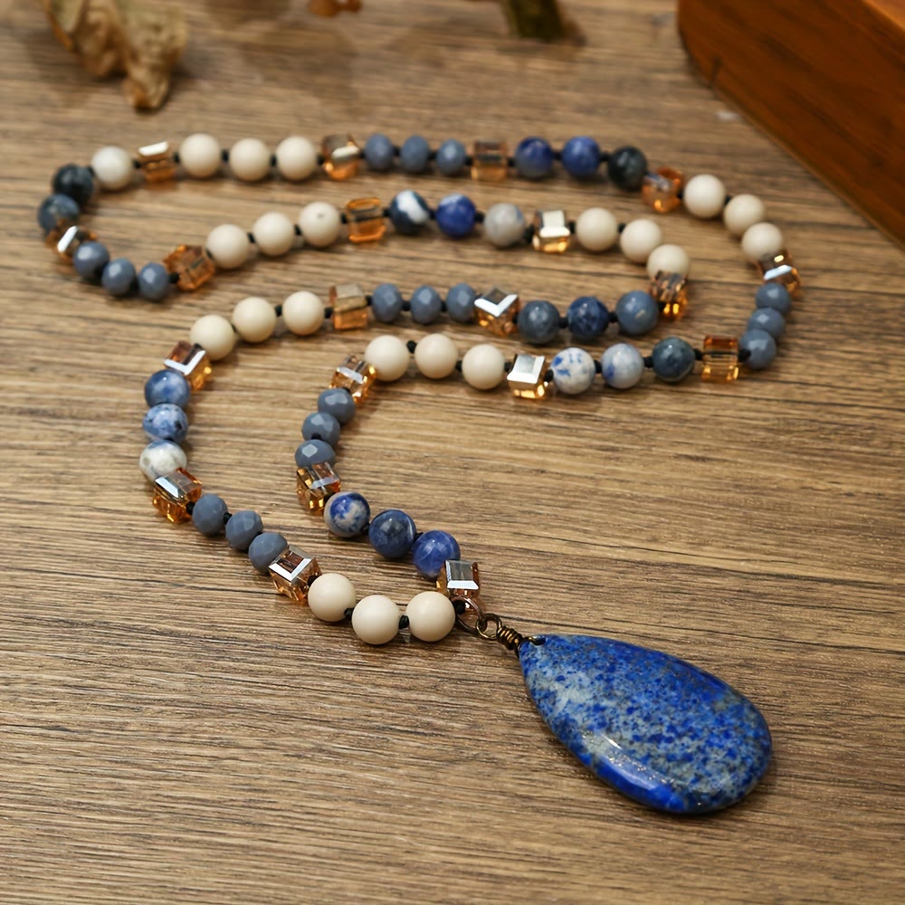 FuAttract Wisdom Clarity & Inner Peace Lapis Lazuli Teardrop Pendant Sweater Necklace - Lapis Lazuli - image 0