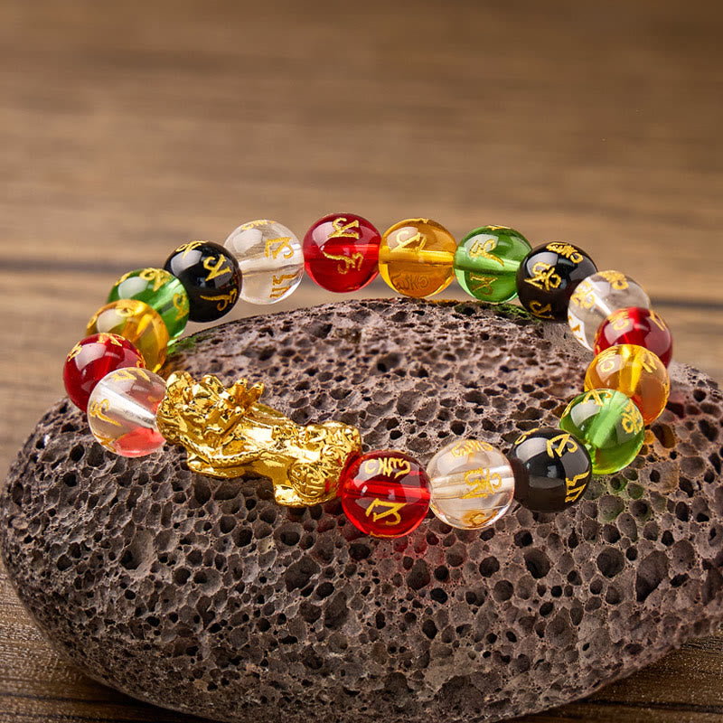 FREE Today: Protection Fortune & Prosperity Pixiu Om Mani Mantra Colorful Glaze Lucky Bracelet - Golden Pixiu - 12mm - image 0