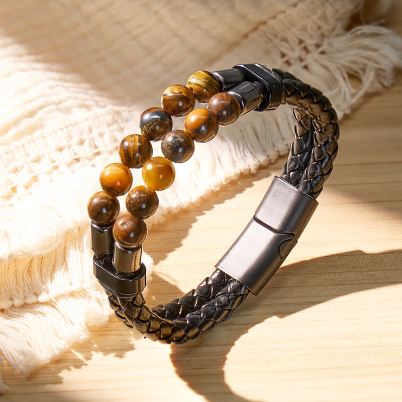 FuAttract Strength Protection & Confidence Double Layer Tiger's Eye Beaded Leather Bracelet - 23cm - image 0