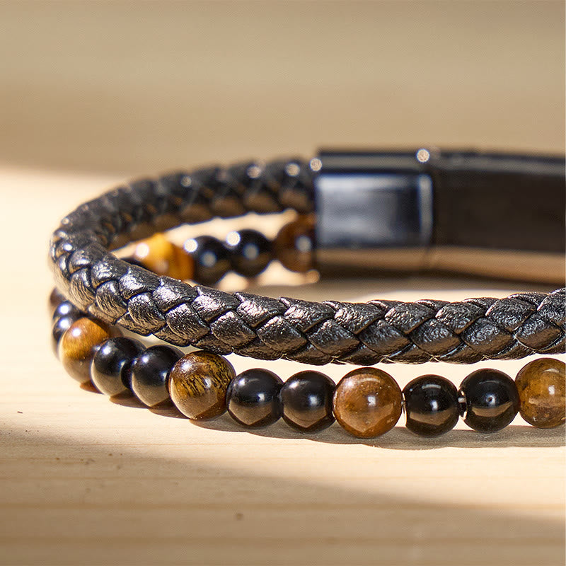 FuAttract Protection Confidence & Success Black Obsidian Tiger's Eye Bead Woven Leather Bracelet - image 4