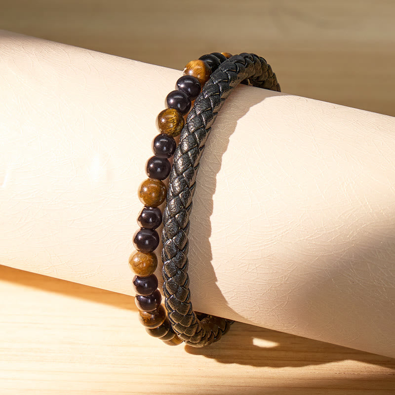 FuAttract Protection Confidence & Success Black Obsidian Tiger's Eye Bead Woven Leather Bracelet - image 5