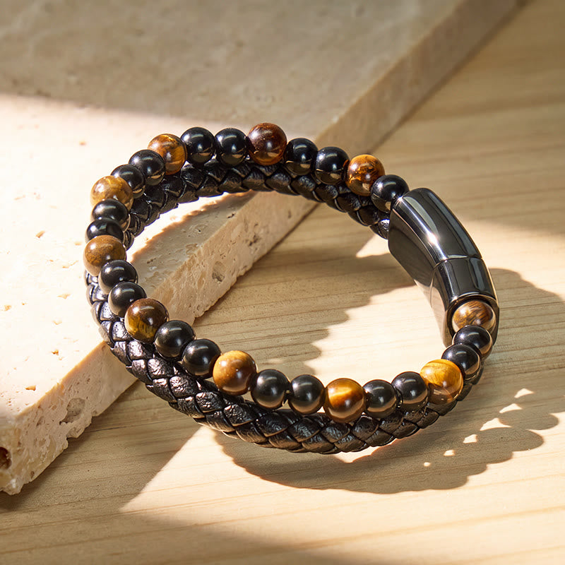 FuAttract Protection Confidence & Success Black Obsidian Tiger's Eye Bead Woven Leather Bracelet - Tiger's Eye - 23cm - image 0