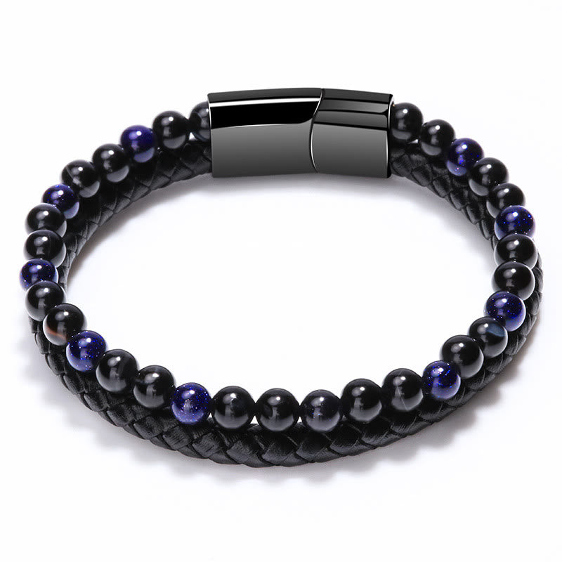 FuAttract Protection Confidence & Success Black Obsidian Tiger's Eye Bead Woven Leather Bracelet - Blue Sandstone - 23cm - image 9