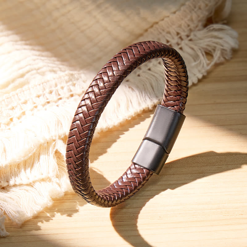 FuAttract Protection Strength & Stability Matte Metal Black Woven Leather Bracelet - Dark Brown - 23cm - image 0