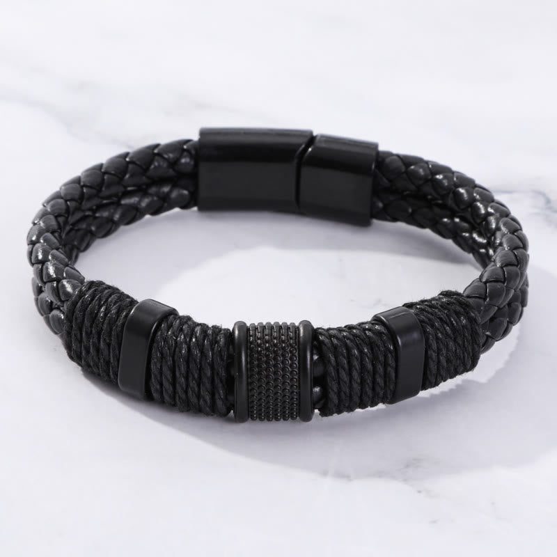 FuAttract Strength & Positive Energy Vintage Double Layer Woven Leather Bracelet - Black - 23cm - image 6