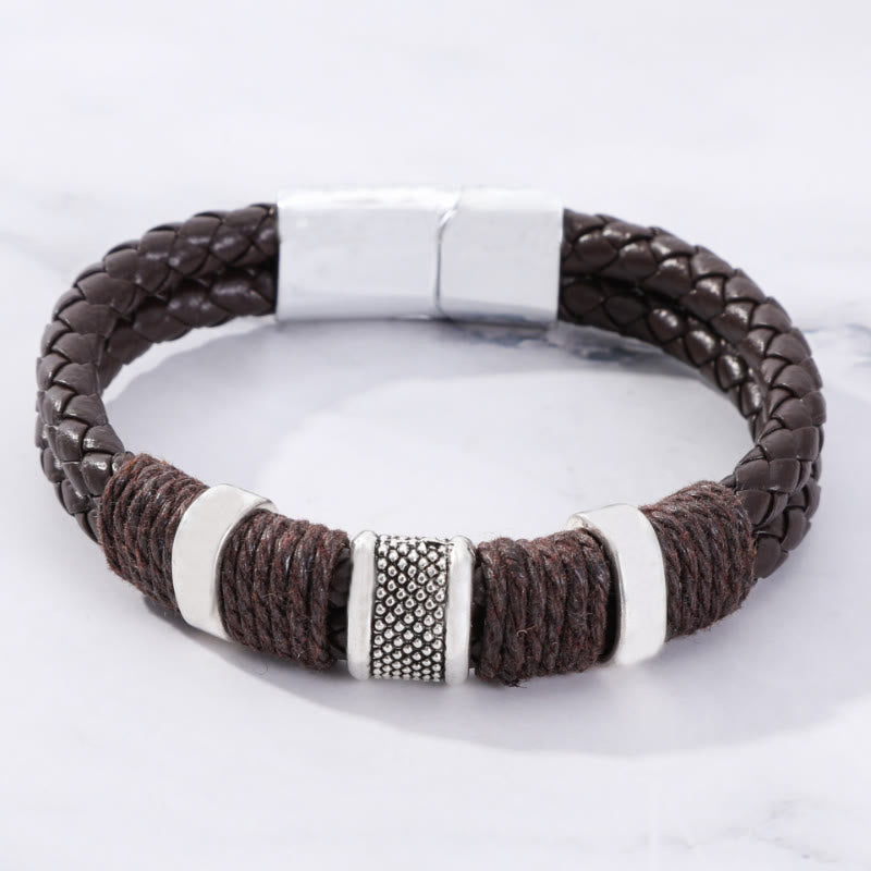 FuAttract Strength & Positive Energy Vintage Double Layer Woven Leather Bracelet - Brown & Silver - 23cm - image 10