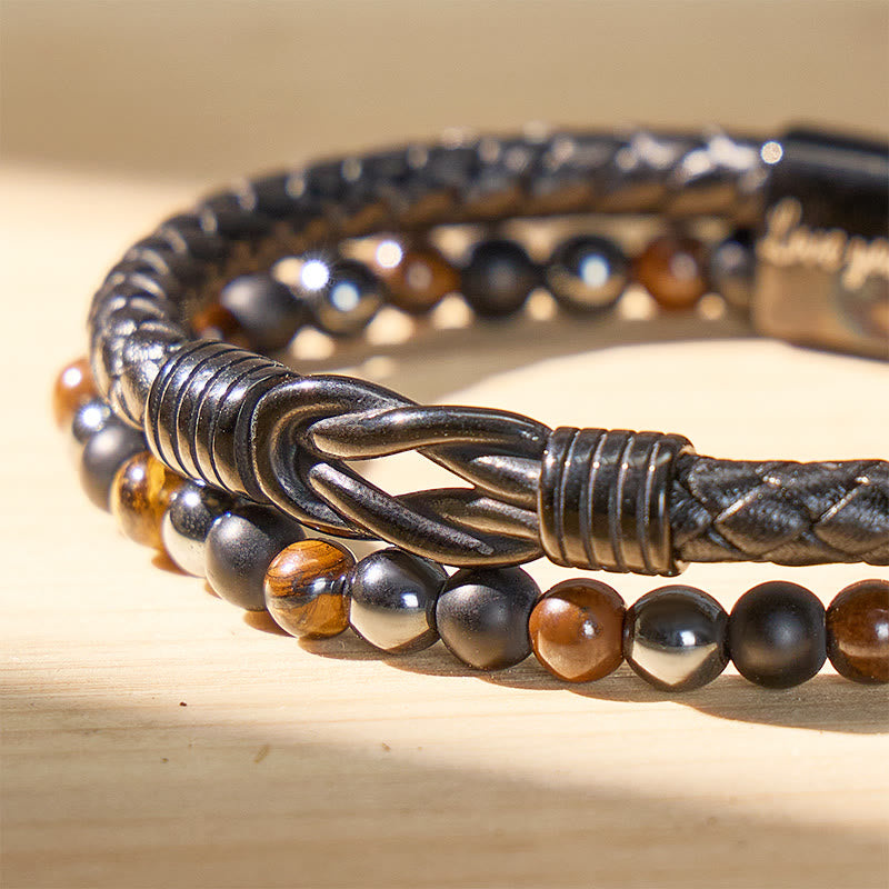 FuAttract Strength & Grounding Energy Tiger's Eye Hematite Black Obsidian Triple Protection Leather Bracelet - image 4