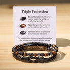 FuAttract Strength & Grounding Energy Tiger's Eye Hematite Black Obsidian Triple Protection Leather Bracelet - Adjustable - 23cm - image 7