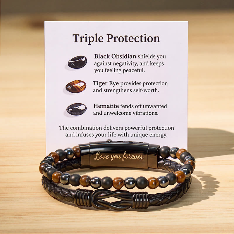 FuAttract Strength & Grounding Energy Tiger's Eye Hematite Black Obsidian Triple Protection Leather Bracelet - Adjustable - 23cm - image 7