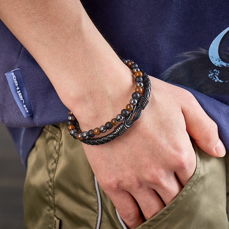FuAttract Strength & Grounding Energy Tiger's Eye Hematite Black Obsidian Triple Protection Leather Bracelet - image 3