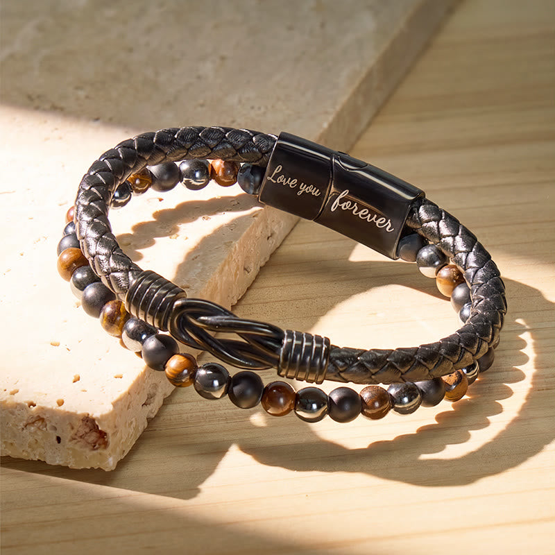 FuAttract Strength & Grounding Energy Tiger's Eye Hematite Black Obsidian Triple Protection Leather Bracelet - image 1