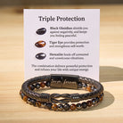 FuAttract Strength & Grounding Energy Tiger's Eye Hematite Black Obsidian Triple Protection Leather Bracelet - Non-Adjustable - 23cm - image 0