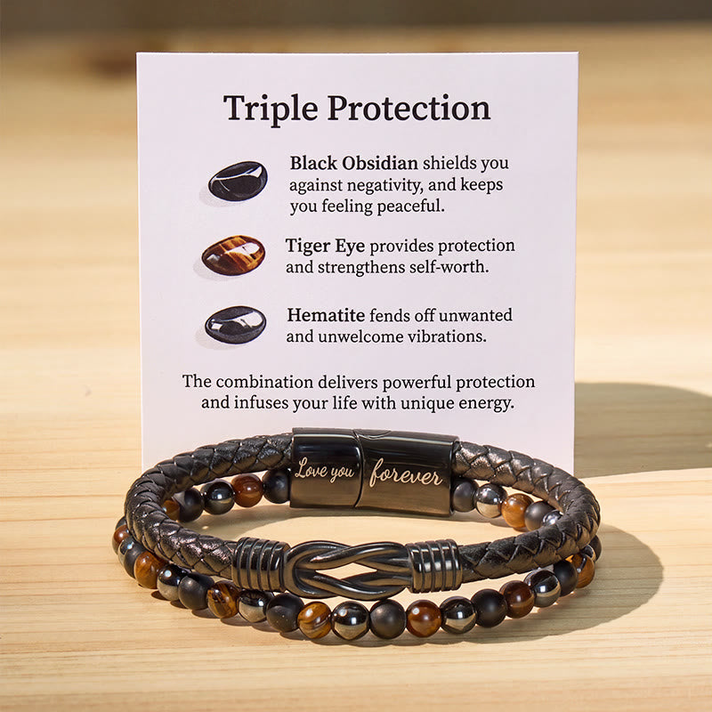 FuAttract Strength & Grounding Energy Tiger's Eye Hematite Black Obsidian Triple Protection Leather Bracelet - Non-Adjustable - 23cm - image 0