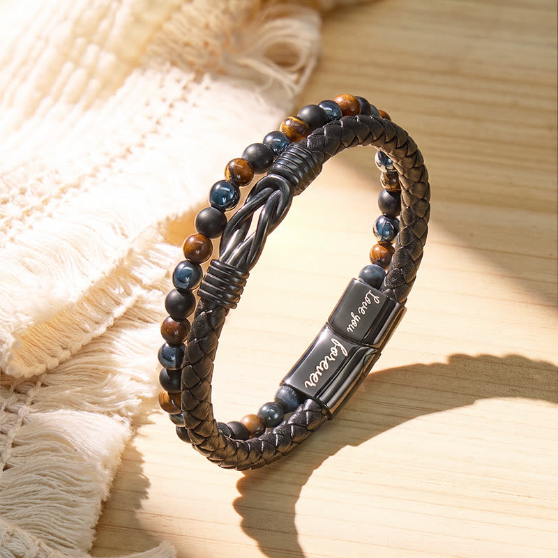 FuAttract Strength & Grounding Energy Tiger's Eye Hematite Black Obsidian Triple Protection Leather Bracelet - image 2