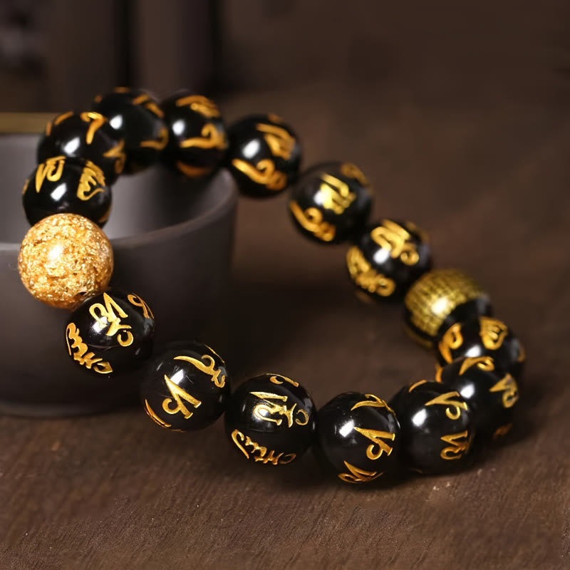 FuAttract Protection Guardian & Buddhist Blessings Gold Foil Om Mani Mantra Black Onyx Energy Bracelet - 14mm - image 0