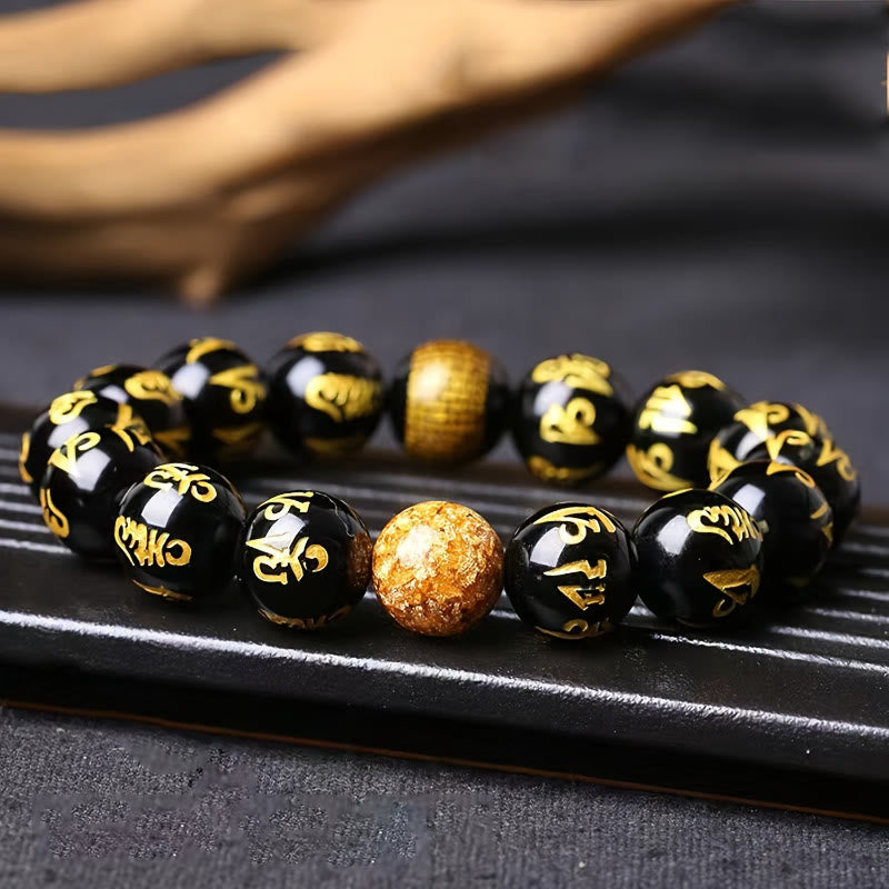 FuAttract Protection Guardian & Buddhist Blessings Gold Foil Om Mani Mantra Black Onyx Energy Bracelet - image 1