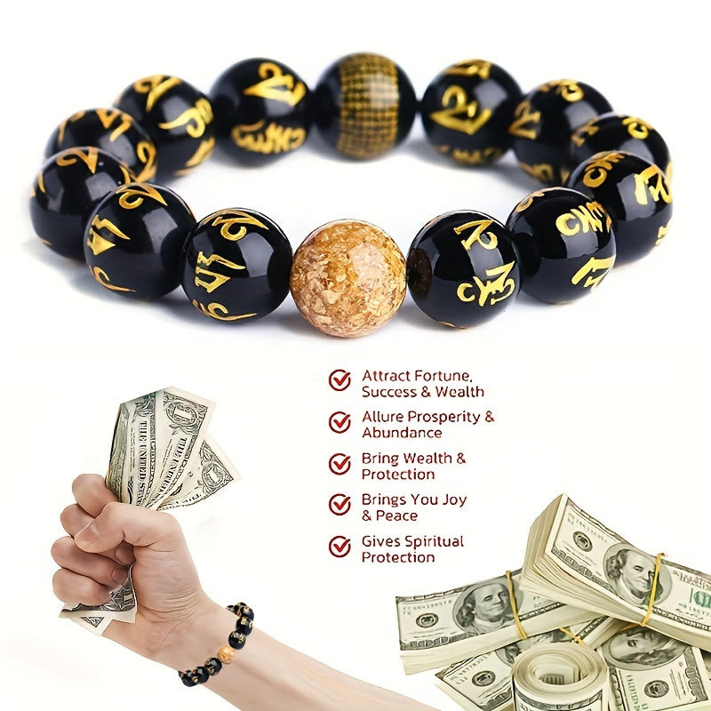 FuAttract Protection Guardian & Buddhist Blessings Gold Foil Om Mani Mantra Black Onyx Energy Bracelet - image 9