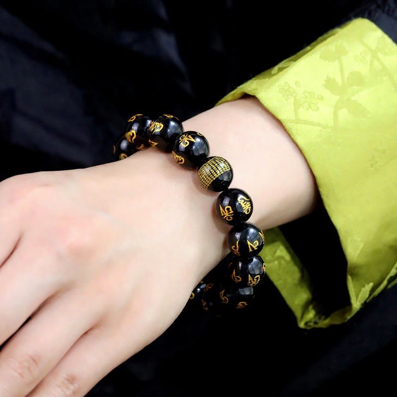 FuAttract Protection Guardian & Buddhist Blessings Gold Foil Om Mani Mantra Black Onyx Energy Bracelet - image 5